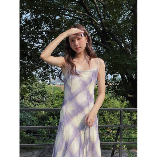 Vapetix S（80-100）-L（110-120）  [Midsummer Violet] Song Ming Retro Ruffled Plaid Sling dress Women's Summer Midi Dress Y4887F - 图片 2