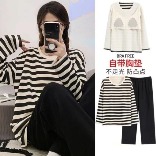 Vapetix M-XXL  Pajamas Women's Autumn with Chest Pad Outer Wearing New Long Sleeve Trousers Round Neck Loose Sprin