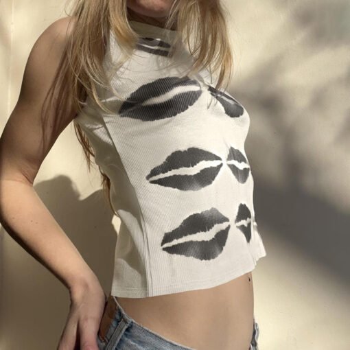 Vapetix S-L  Summer Fashion New Spice Girl Lip Print Slim-fit Top European and American Style Casual Round Neck - Imagen 3
