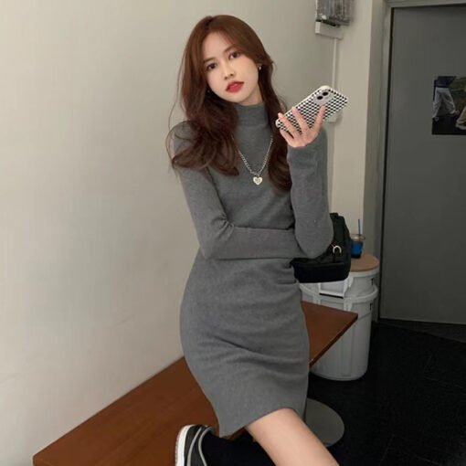 Vapetix S-XL  Design-Sense Half-High Collar Pleated Base dress Women's Spring Autumn and Winter Elegant Slim-Fit