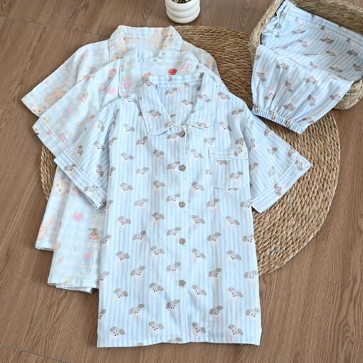 Vapetix M-XL  Summer Gauze Short-sleeved Pants Shorts Pajamas suit Women's Breathable Pure Cotton Lapel Loose Car - Obrázek 2