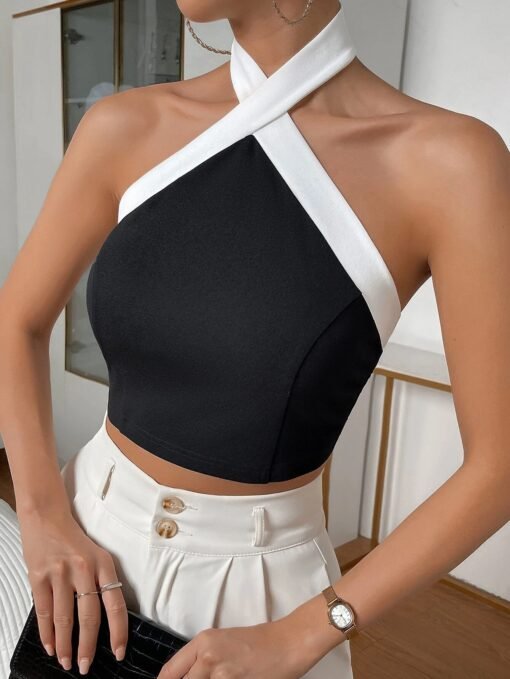Vapetix S-XL  AliExpress Foreign Trade Women's Summer New Hanging Neck Vest Summer New Black and White Color Spli – Image 2