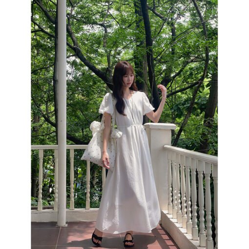 Vapetix One size fits all (80-130)-One size fits all (80-130)  [Haiyan Lychee Lazy Dress] Song Ming Retro Puff Sleeve Pleated dress Women's Summer Midi Dress N162 - 图片 3