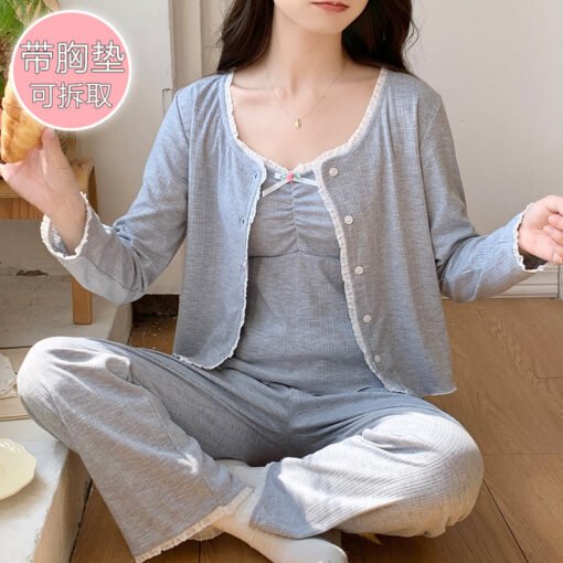 Vapetix M-XXL  Pajamas Women with Chest Pad Spring and Autumn New 6535 Cotton Sweet Ins Sling Cardigan Trousers Th – Bild 2