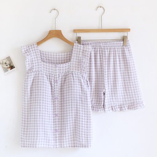 Vapetix M-XL  Chest Pad Small Fly Sleeves Plaid Camisole Shorts Double-layer Cotton Yarn Thin Sweet Loose Home Cl – Bild 2
