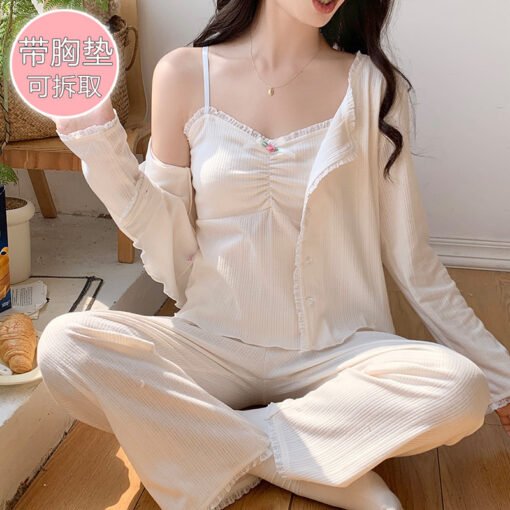 Vapetix M-XXL  Pajamas Women with Chest Pad Spring and Autumn New 6535 Cotton Sweet Ins Sling Cardigan Trousers Th – Bild 3