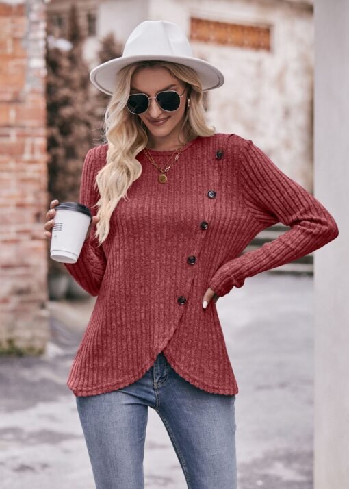 Vapetix S-XXL  2023 Cross-border New Women's Amazon Women's Round Neck Pit Sanding Tulip Hem Solid Color Button T- - 图片 2