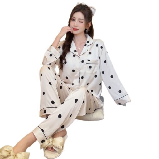 Vapetix M-2XL  Pajamas Women's Summer Ice Silk Thin Korean Style Fashionable Wave Dot Long Sleeve Two-Piece Set Sp