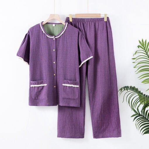 Vapetix M-XXL  New Cotton Gauze Jacquard Pajamas Women's Summer Cotton Yarn Round Neck Short Sleeve Trousers Home - 图片 2