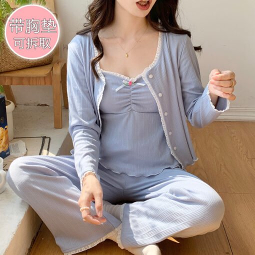 Vapetix M-XXL  Pajamas Women with Chest Pad Spring and Autumn New 6535 Cotton Sweet Ins Sling Cardigan Trousers Th – Bild 4