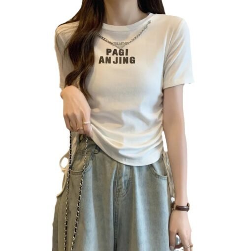 Vapetix S (60-80 pounds)-XXL (130-150 pounds)  Summer Short-sleeved T-shirt Women's 2024 New Korean-style Necklace Double Drawstring Slim Design S