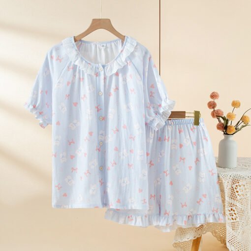 Vapetix M-XL  Summer Pure Cotton Gauze Pajamas Two-piece Set Thin Women Sweet Cute Cartoon Short-sleeved Shorts H - 图片 2