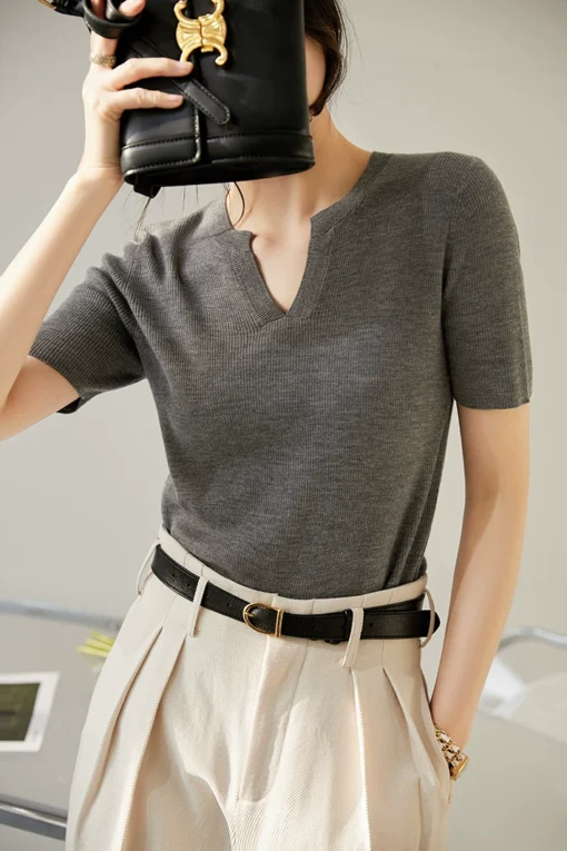 Vapetix M-L  Tencel Lysel Short-sleeved Sweater Top Summer and Autumn Simple Small V-neck Short-sleeved T-shirt - Billede 7