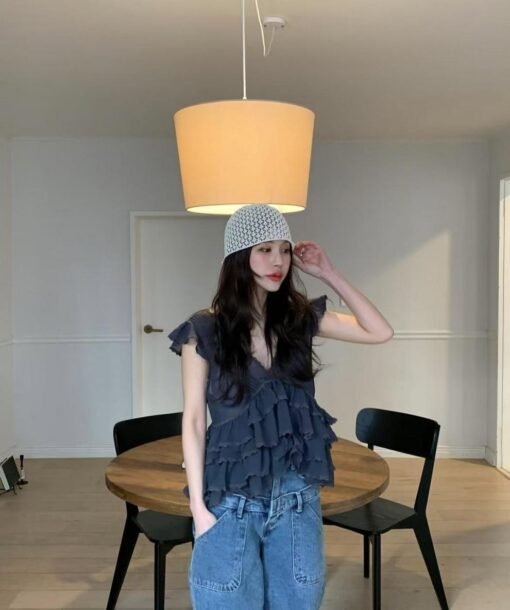 Vapetix One size fits all-One size fits all  South Korea Chic Summer Cute Age-reducing Micro-transparent Heavy Industry Ear V-neck Flying Sleeve - 图片 2