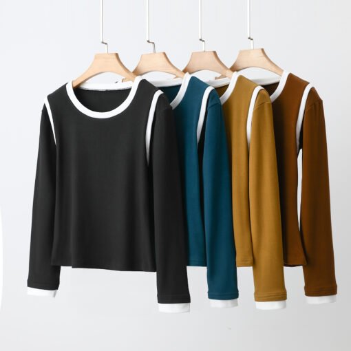 Vapetix M-XXL  Autumn and Winter New fleece-lined Warm Women's Base Shirt Crewneck Long Sleeve Women's T-shirt Sli - Image 2