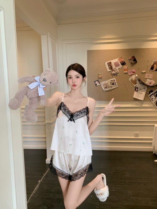Vapetix M-XL  Summer Girls' Pajamas New Sweet Ice Silk Sling Shorts Home Clothes suit Korean Pajamas Women's Sexy – Bild 3