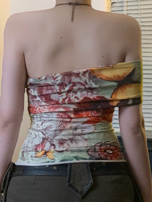 Vapetix S-L  Antique Butterfly Tie-Dye Printed One-Shoulder Asymmetrical Strapless Top Niche Spice Girl Style Ti - Image 2