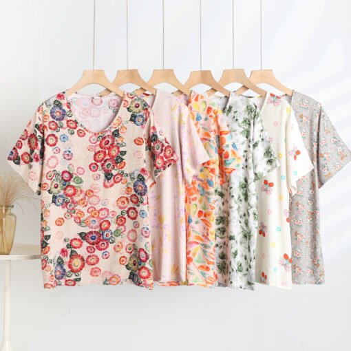 Vapetix 3XL-5XL  2025 Summer New Cotton Silk Floral Print Short-sleeved V-neck T-shirt Home Loose Casual