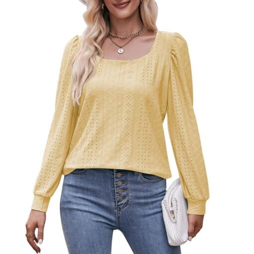 Vapetix S-XXL  Autumn 2023 New Cross-border European and American Women's Amazon Square Collar T-shirt Hollow Long - 图片 3