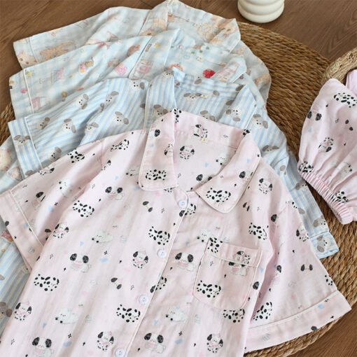 Vapetix M-XL  Summer Gauze Short-sleeved Pants Shorts Pajamas suit Women's Breathable Pure Cotton Lapel Loose Car - Obrázek 4