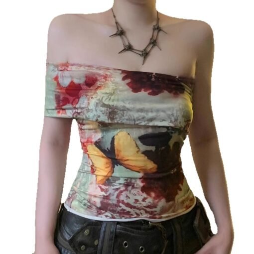 Vapetix S-L  Antique Butterfly Tie-Dye Printed One-Shoulder Asymmetrical Strapless Top Niche Spice Girl Style Ti - Image 3