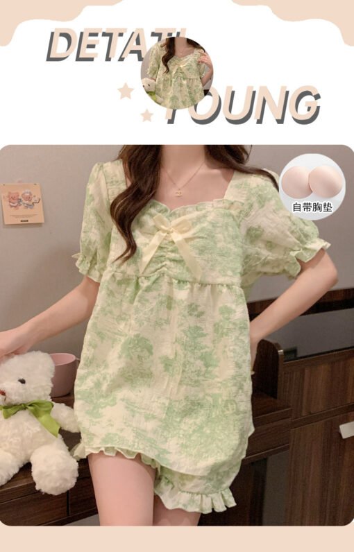 Vapetix M-XXL  Pajamas with Chest Pad Women's Summer Clouds Cotton Short Sleeve Shorts Sweet Bow Green Ink Paintin - 图片 2