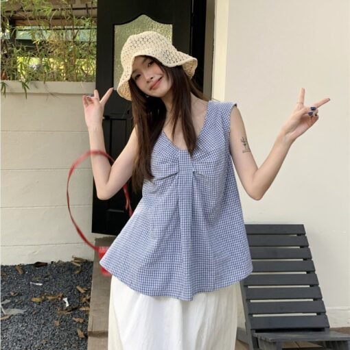 Vapetix One size fits all-One size fits all  2025 Summer French Style Fresh Girly Kink Design V-Neck Plaid Sleeveless Shirt Doll Top for Women - Pilt 4