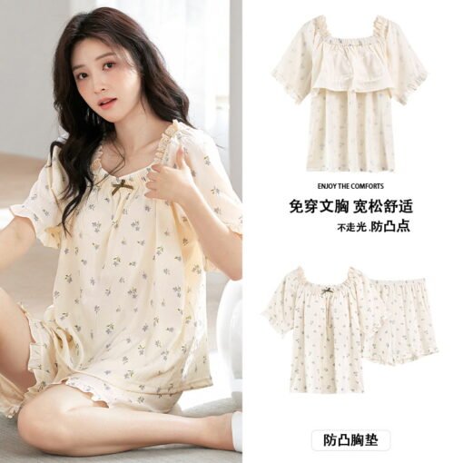 Vapetix M-2XL  Pajamas with Chest Pad Women's Summer New Short-sleeved Shorts Girls Cute Thin Comfortable Clouds C - obrazek 3