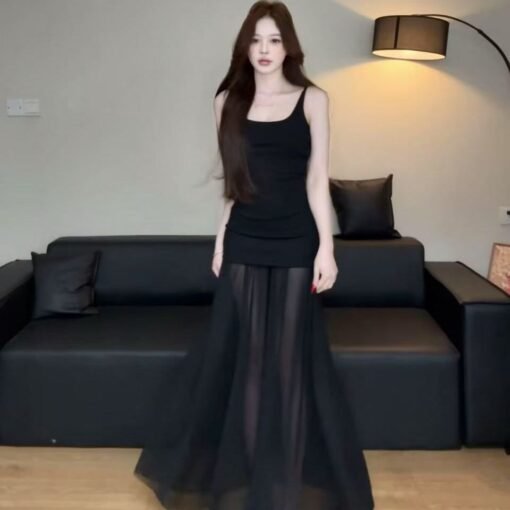 Vapetix S-XL  Cross-border light fairy dress summer new cool art stitching mesh knitted suspender long skirt - Obrázek 2