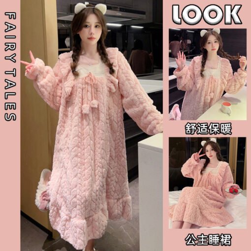 Vapetix 160(M)-5XL  Autumn and Winter Flannel Long-sleeved Nightgown Women's Fat plus size Long Cute Loose chubby girl – Bild 3