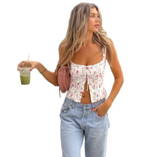 Vapetix S-L  2025 Summer European and American Style Small Floral Square Collar Lace-up Short Vest Hot Girl Nave – Image 4