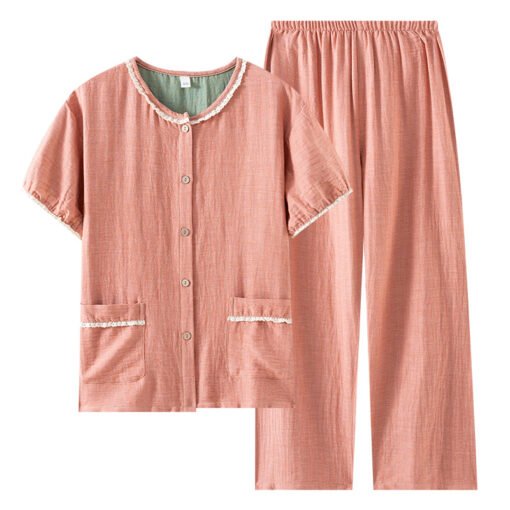 Vapetix M-XXL  New Cotton Gauze Jacquard Pajamas Women's Summer Cotton Yarn Round Neck Short Sleeve Trousers Home - 图片 3