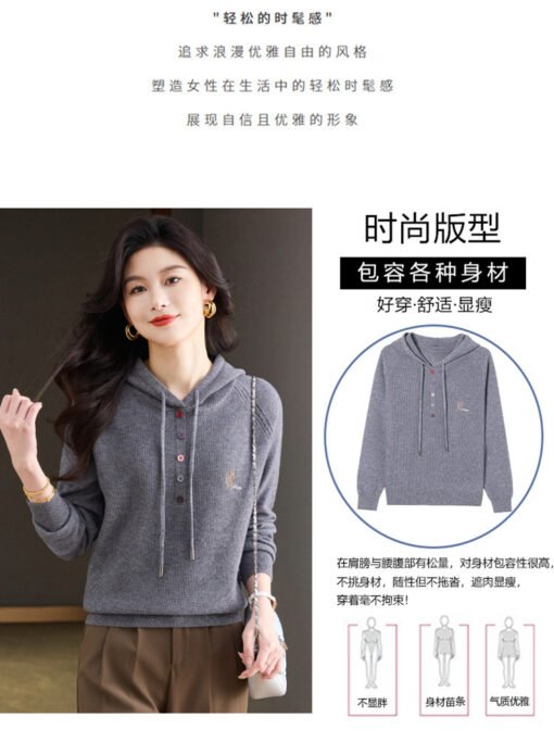 Vapetix M-XXXL  2025 New Wool Sweater Women's Spring and Autumn Hooded Sweater Loose Pullover Sweater Outer Wear Kn - Obrázek 4