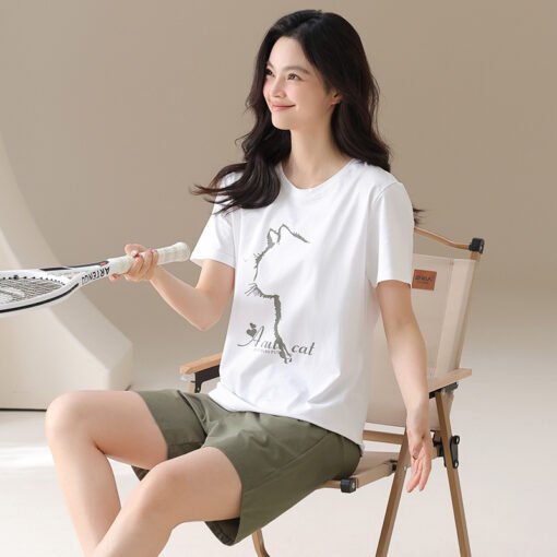 Vapetix M-2XL  Pajamas Women's Summer Cotton Short-sleeved Shorts Thin Summer Outwear Simple Cat Print Home Clothe