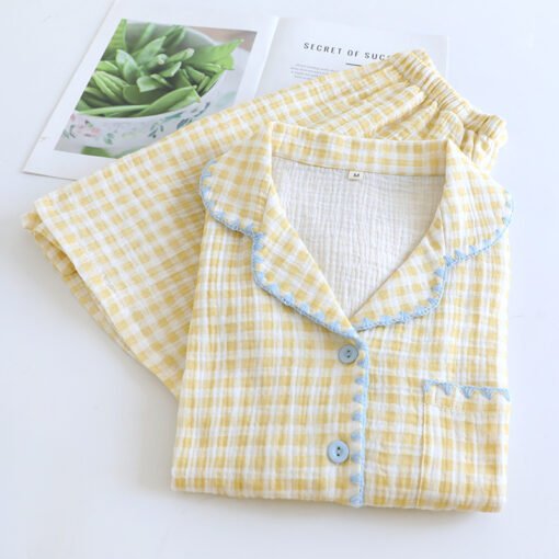 Vapetix M-XL  Cotton Yarn Shell Embroidered Plaid Short-sleeved Shorts Cardigan Two-piece Set Summer Thin Sweet H - Afbeelding 2