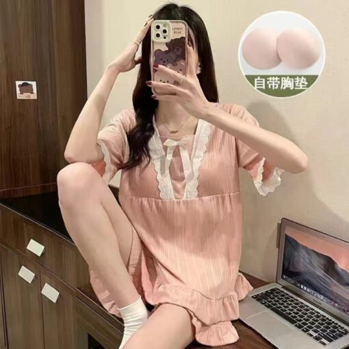 Vapetix M-XXL  Pajamas Women's Summer Court Style Short-sleeved Shorts Princess Style Headband Chest Pad Outwear C