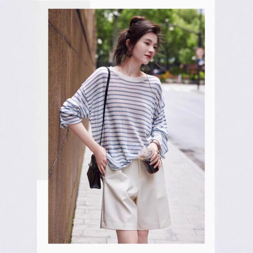 Vapetix One size fits all-One size fits all  SS STUDIO Summer Sun Protection Cool Air Sense Slub Striped Long Sleeve Round Neck Sweater Female S - Kép 2
