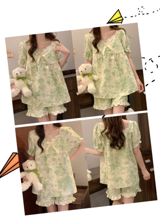 Vapetix M-XXL  Pajamas with Chest Pad Women's Summer Clouds Cotton Short Sleeve Shorts Sweet Bow Green Ink Paintin - 图片 3