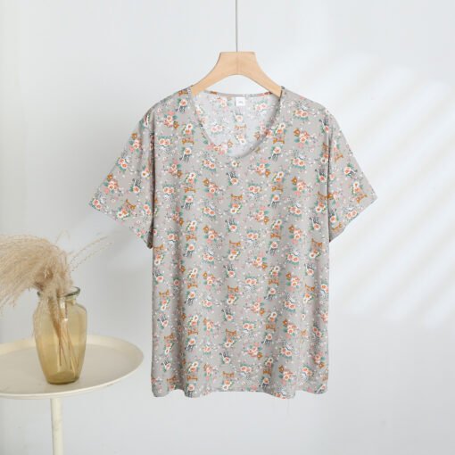 Vapetix 3XL-5XL  2025 Summer New Cotton Silk Floral Print Short-sleeved V-neck T-shirt Home Loose Casual - 图片 3