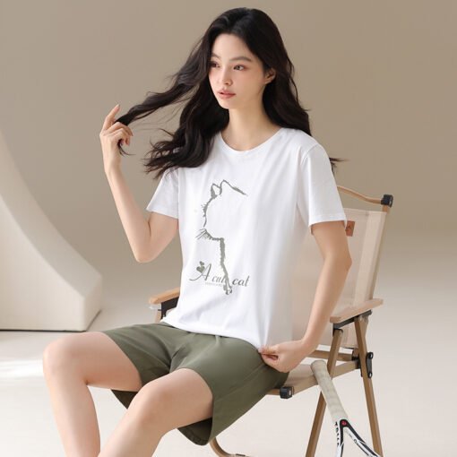 Vapetix M-2XL  Pajamas Women's Summer Cotton Short-sleeved Shorts Thin Summer Outwear Simple Cat Print Home Clothe - 图片 2