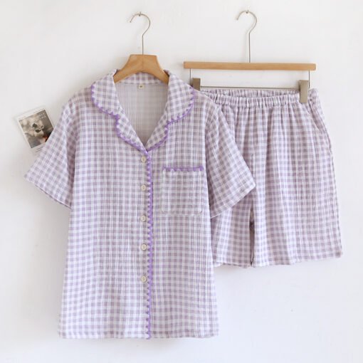 Vapetix M-XL  Cotton Yarn Shell Embroidered Plaid Short-sleeved Shorts Cardigan Two-piece Set Summer Thin Sweet H - Afbeelding 3