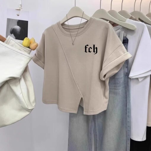 Vapetix M-2XL  Irregular Short Shoulder Short-sleeved T-shirt Women's Summer New Design Sense Small-sized Shoulder