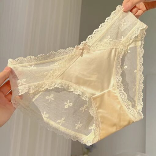 Vapetix M-L  Pure Light Luxury Satin Bow Low Waist European and American Style Sexy Lace Cotton Crotch Mesh Tria - Obrázek 4