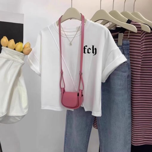 Vapetix M-2XL  Irregular Short Shoulder Short-sleeved T-shirt Women's Summer New Design Sense Small-sized Shoulder - Pilt 2