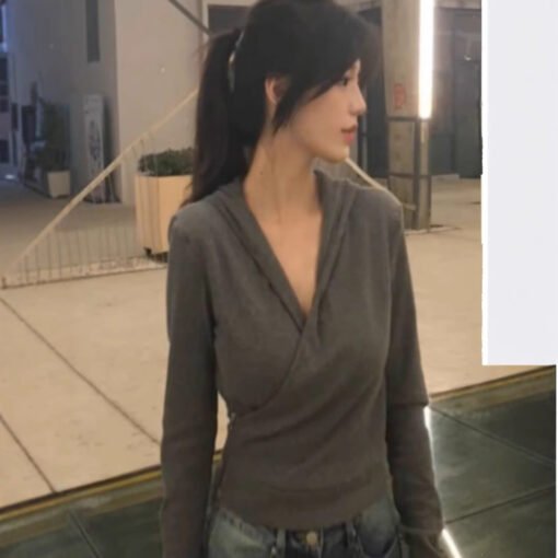 Vapetix S-XL  Korean Style Vintage Grey Cross Hooded Long-sleeved T-shirt Women's Autumn and Winter Slim-fit Pure - 图片 3