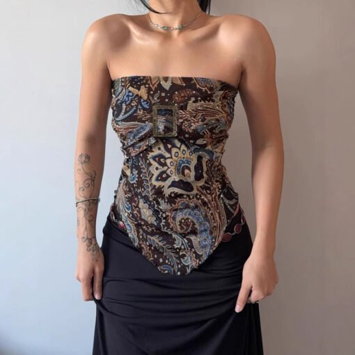 Vapetix S-L  Ethnic Style Rework Printing Irregular Chest Wrap Old Metal Japanese Buckle Design Sense Pleated Wa - 图片 2