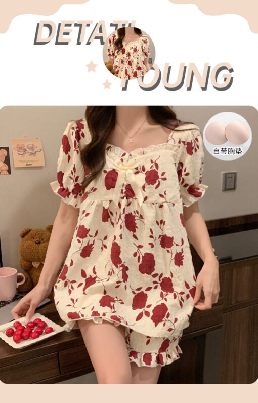 Vapetix M-XXL  Women's Summer Cloud Cotton Short-sleeved Shorts with Chest Pad 2025 New Red Floral Home Clothes su - 图片 2