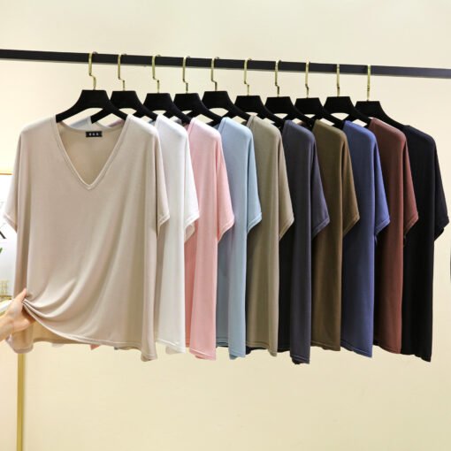 Vapetix One size fits all-Large size  Summer New Women's Solid Color Cotton Modal Thin V-neck Shoulder Short Sleeve Korean Style Sweet To - 图片 3