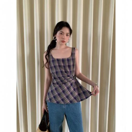 Vapetix S-M  04.28 13 lines summer 25 years summer retro all-match leather buckle waist square collar check slee – Image 2