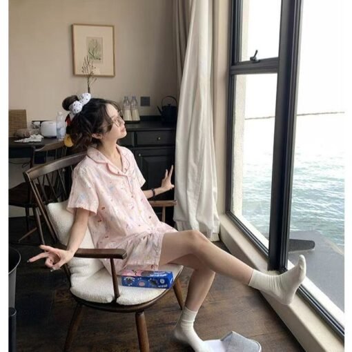 Vapetix M-XXL  Cloud Cotton Pajamas Women's Summer Short-sleeved Cute Pink KT Cat Short-sleeved Cartoon Cute Stude - Obrázek 3